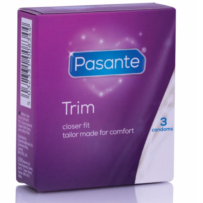 Confezione di preservativi Pasante Trim, 3 pezzi. Confezione viola con cuore scintillante.