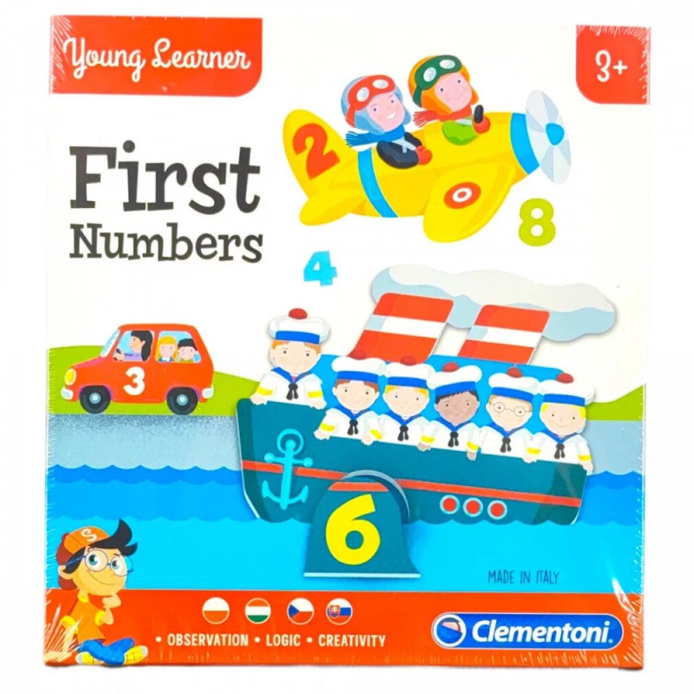 Confezione Clementoni Young Learner: First Numbers. Illustrazioni di numeri e veicoli. Età consigliata 3+.