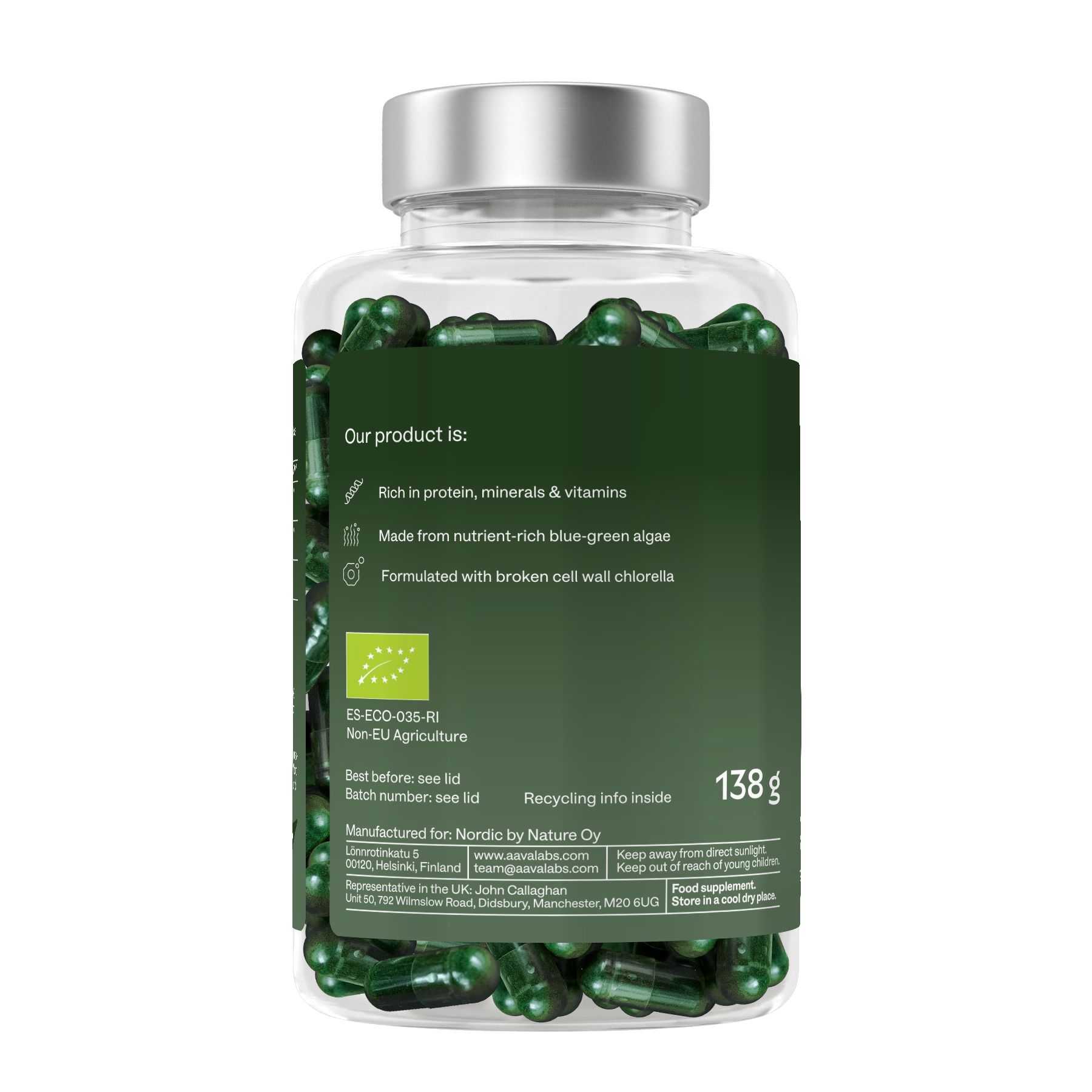 Retro di una bottiglia di capsule verdi. Testo: Il nostro prodotto è..., 138g.