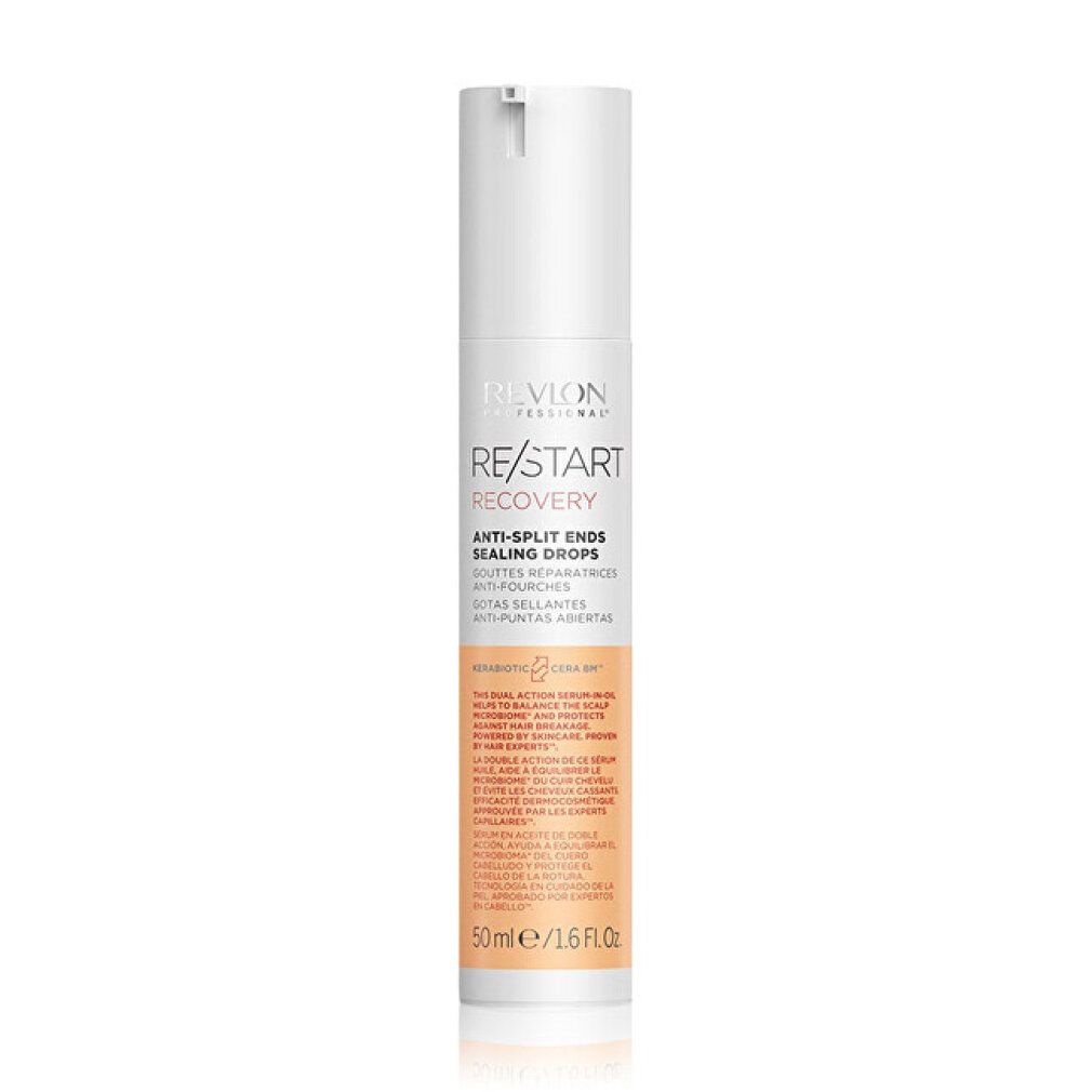 Revlon Re-Start Recovery Anti-Split Ends Sealing Drops. Flacone bianco con dosatore. Testo: RE/START, Anti-Split Ends, 50ml/1.6Fl.Oz.
