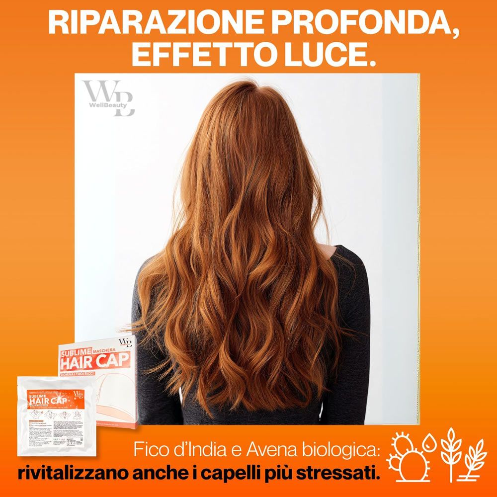 Vista posteriore di una donna con capelli rossi ondulati. Confezione del prodotto con Hair Cap. Testo: Riparazione Profonda, Effetto Luce.