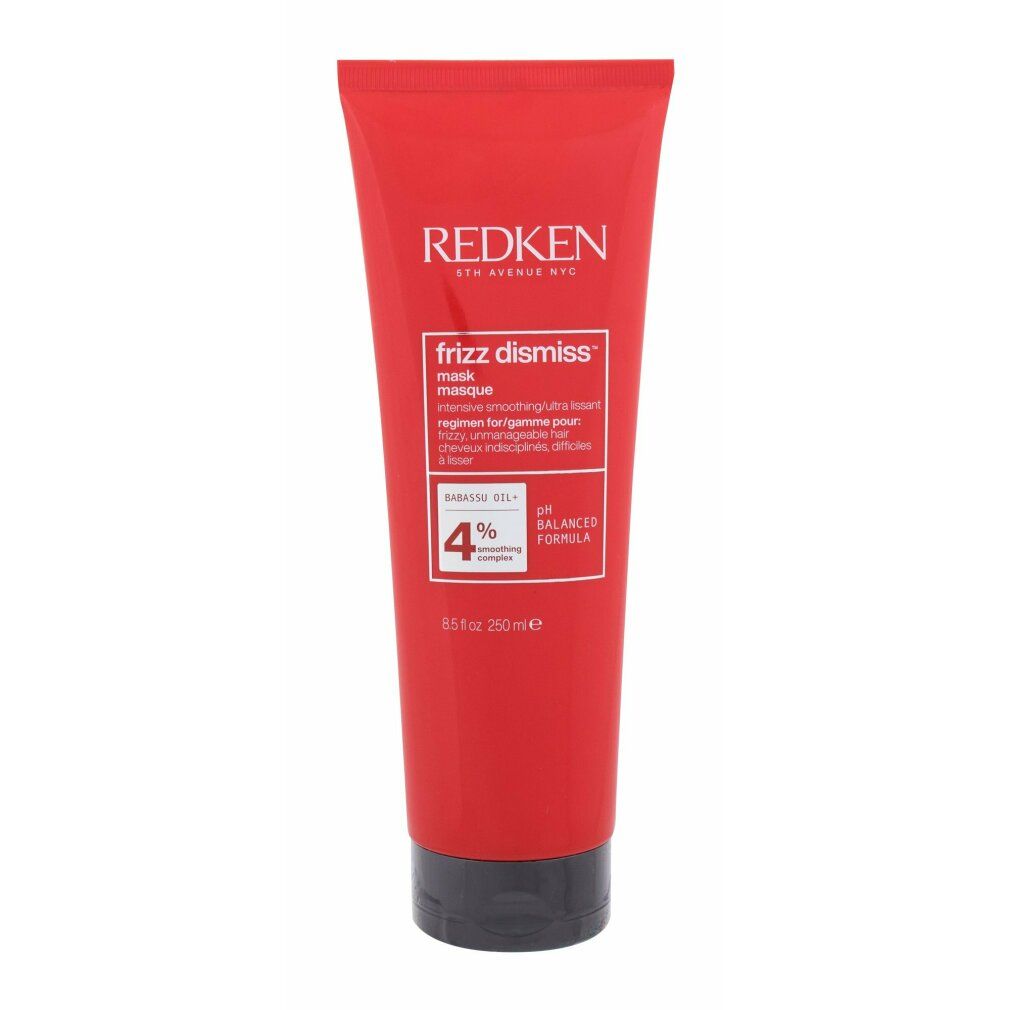 Tubo rosso con tappo nero. Scritta: Redken, Frizz Dismiss Mask. Contiene olio di babassu e complesso lisciante. pH bilanciato.