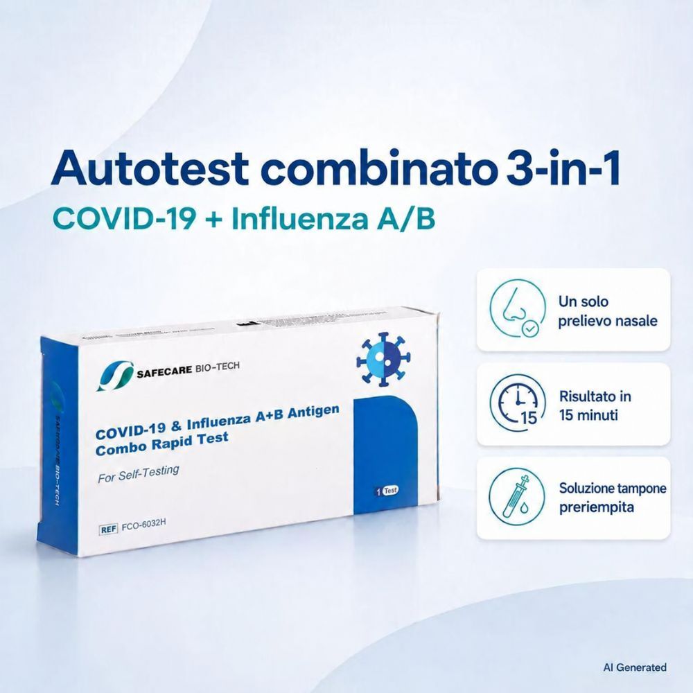 Safecare Bio-Tech Autotest Combo 3-in-1: COVID-19 + Influenza A/B. Solo tampone nasale, risultato in 15 min.