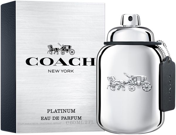 Flacone e confezione Coach Platinum Eau de Parfum, color argento.
