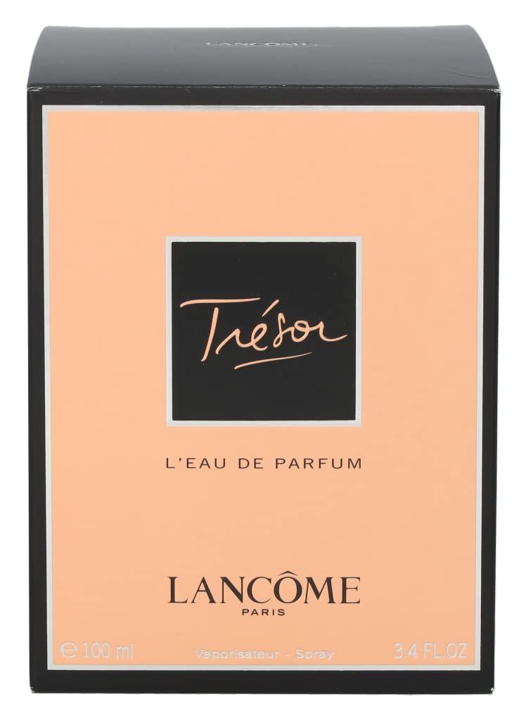 Scatola nera con fronte rosa. Scritta Trésor, L'EAU DE PARFUM e Lancôme.