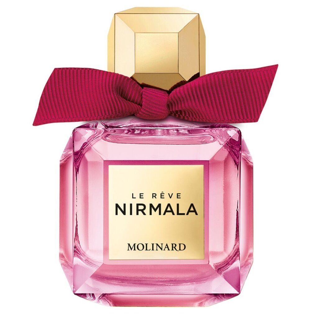 Flacone in vetro rosa con tappo dorato e fiocco rosso. Scritta Le Rêve Nirmala e Molinard.