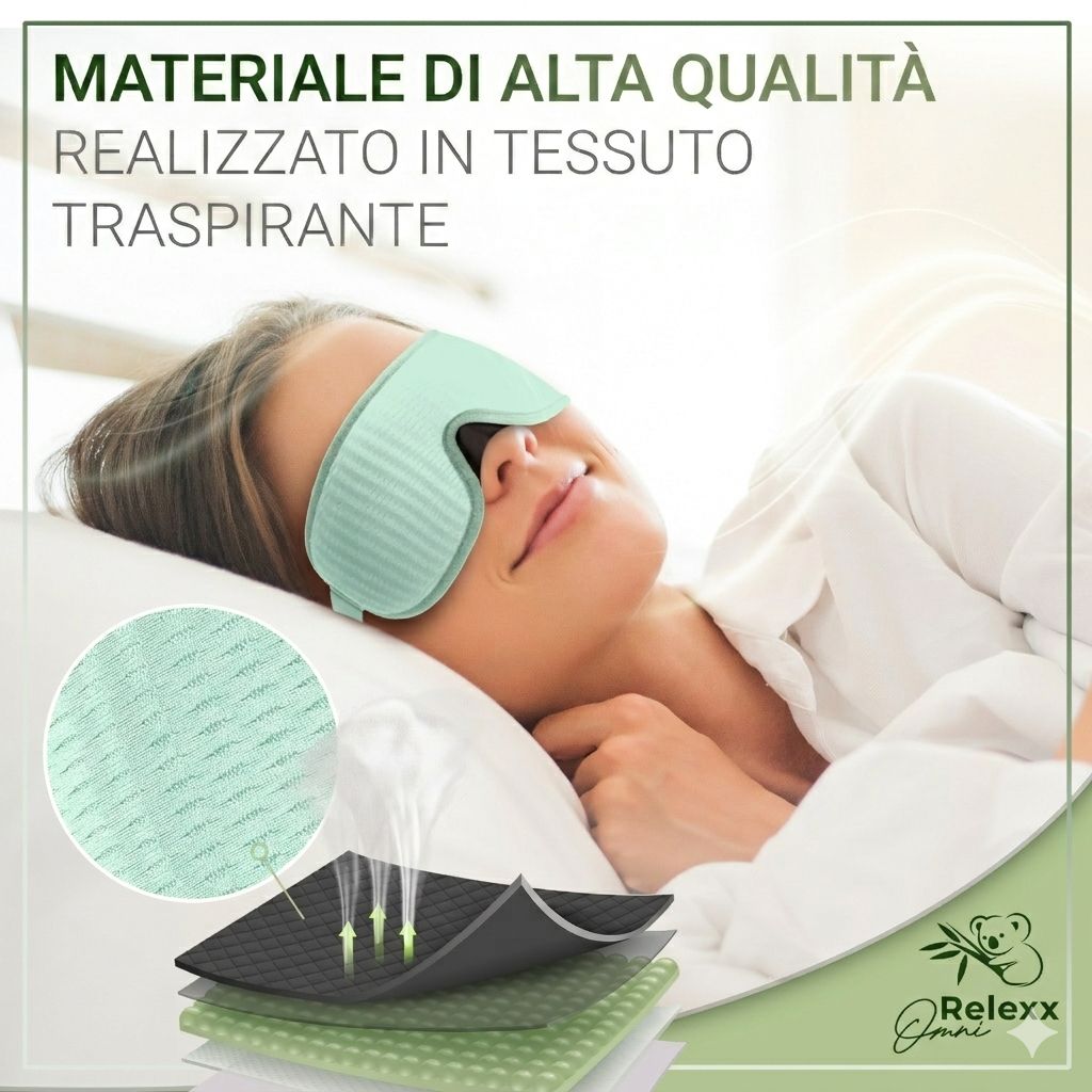 Donna con maschera per dormire turchese. Testo: Materiale di alta qualità, tessuto traspirante. Marchio: OMNIRELEXX®.