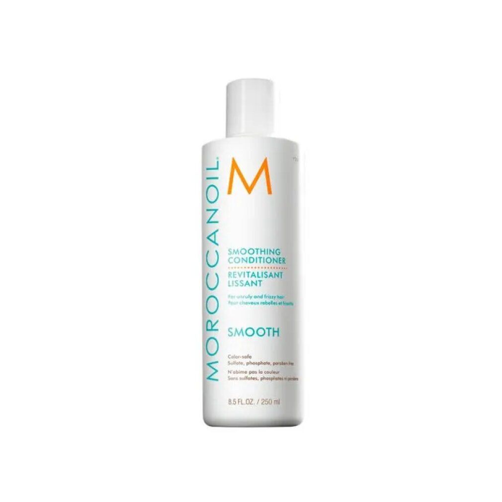 Flacone bianco con logo arancione e testo. Contiene "Smoothing Conditioner" e "Moroccanoil".