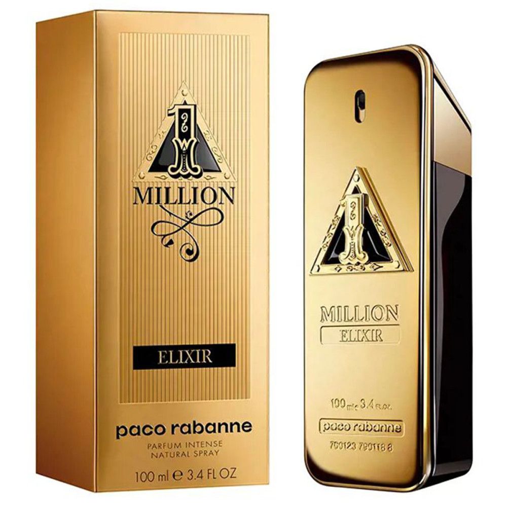 Flacone e confezione dorati. Scritta: Million Elixir, Paco Rabanne. Forma rettangolare, confezione dorata.