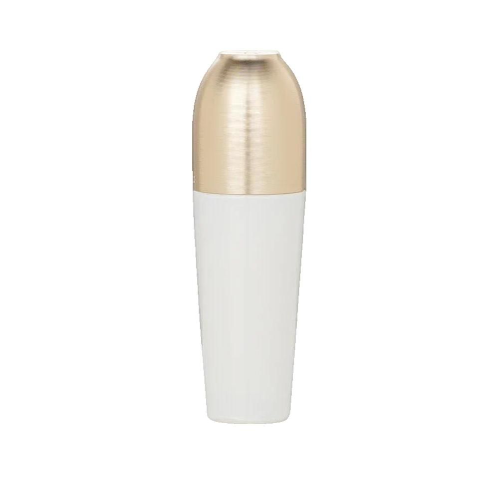 Flacone di siero ovale bianco con tappo dorato. Il tappo copre la parte superiore. Su sfondo bianco.