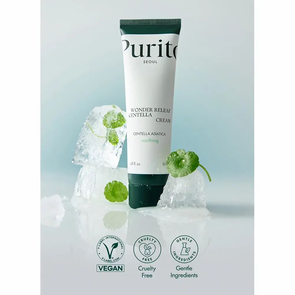 Tubetto di crema con cubetti di ghiaccio e foglie. Scritta: PURITO SEOUL, Wonder Releaf Centella Cream. Vegan, Cruelty Free, Gentle Ingredients.