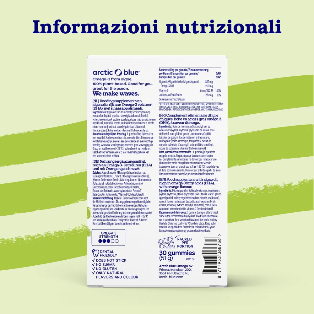Mani che prelevano gummies Arctic Blue Omega-3 da un blister.