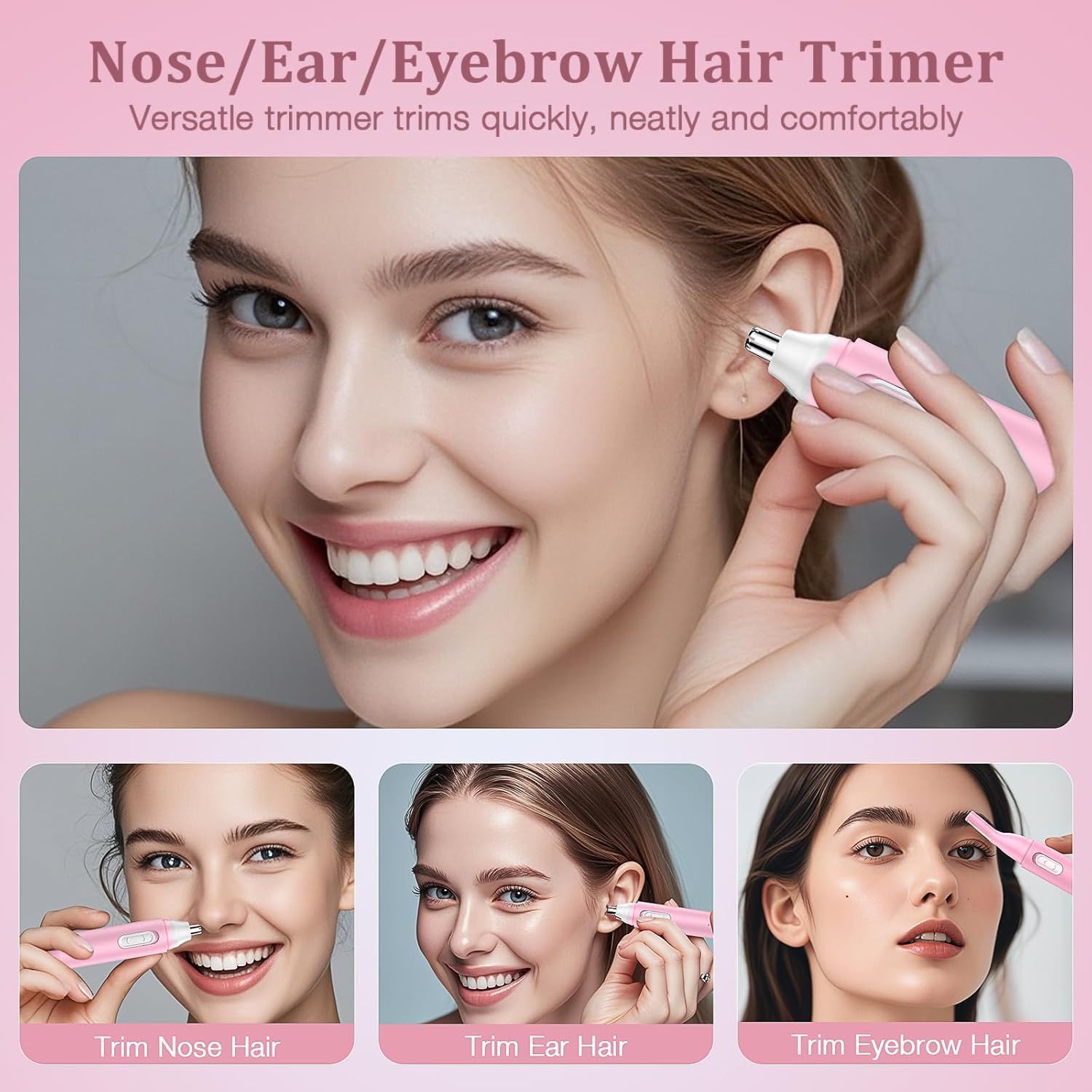 Trimmer per peli nasali rosa. Donna che usa il trimmer su naso e orecchie. Immagini aggiuntive mostrano la rifinitura di naso e sopracciglia.