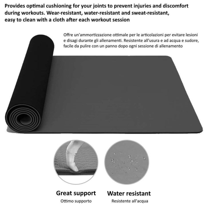 Tappetino yoga nero, parzialmente arrotolato. Testo: 'Offre un'ammortizzazione ottimale'. Illustrazioni: piede sul tappetino, gocce d'acqua.