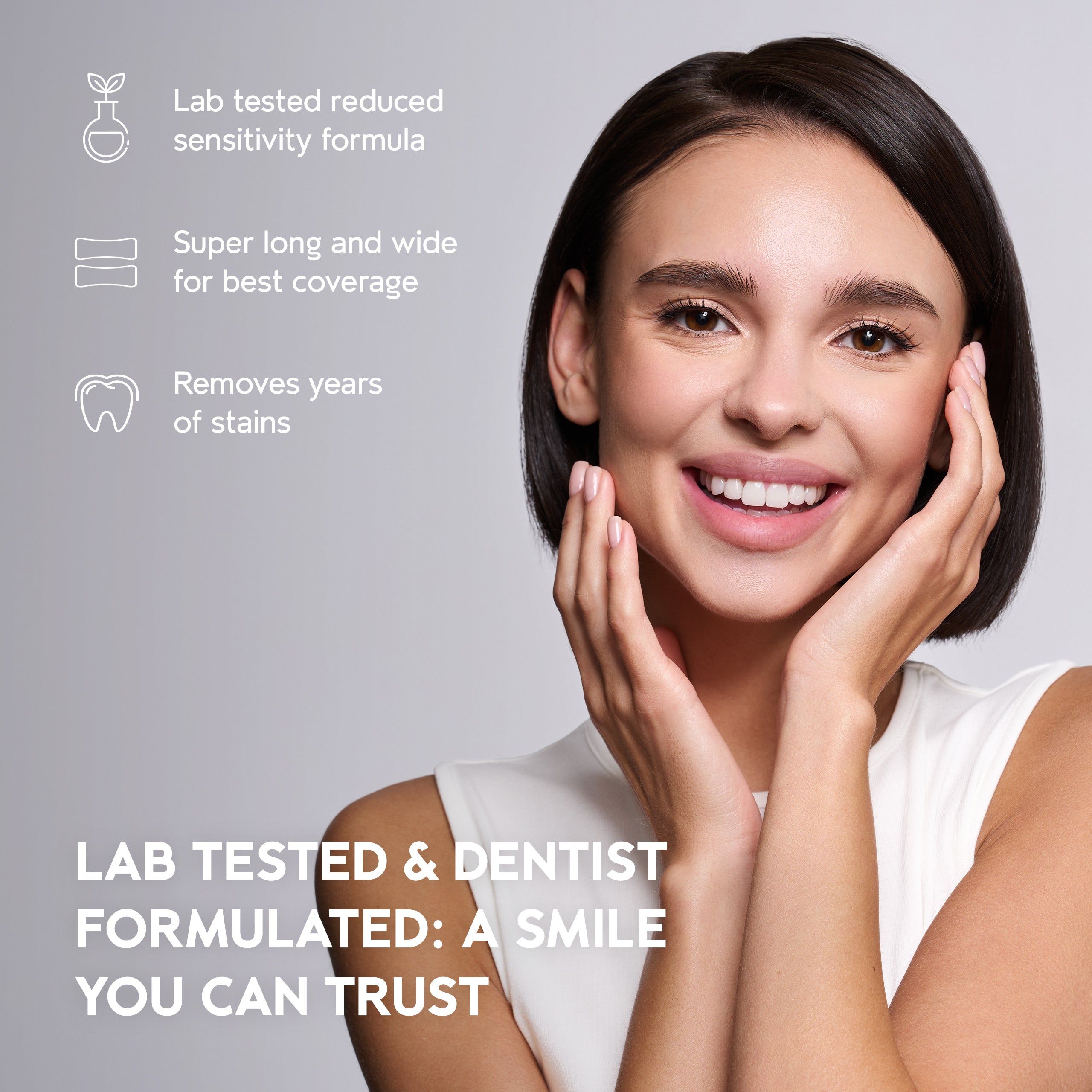 Donna con sorriso smagliante; le strisce sbiancanti INOPRO sono testate in laboratorio e formulate da dentisti.