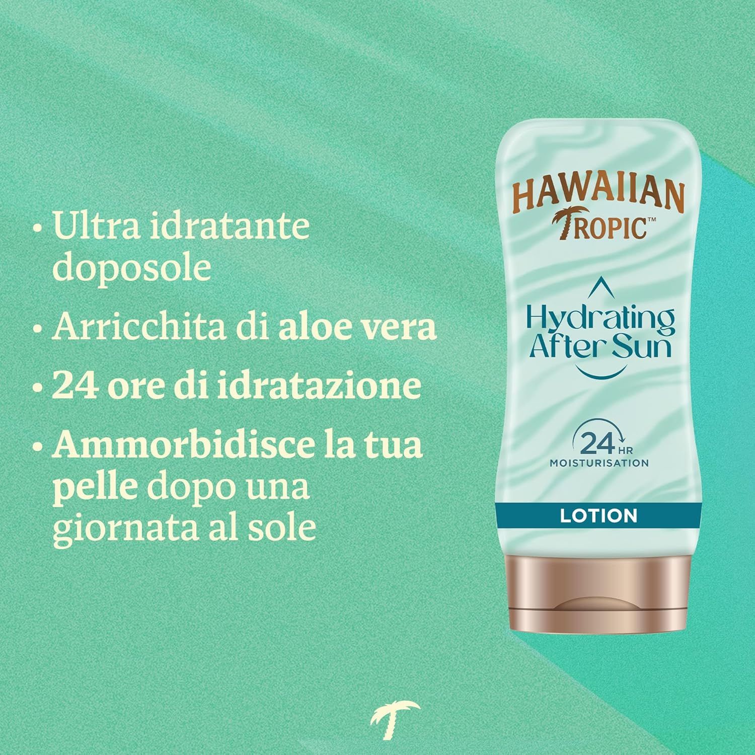Hawaiian Tropic Hydrating After Sun Lotion. Prodotto con testo: Ultra idratante, Aloe Vera, 24 ore idratazione.