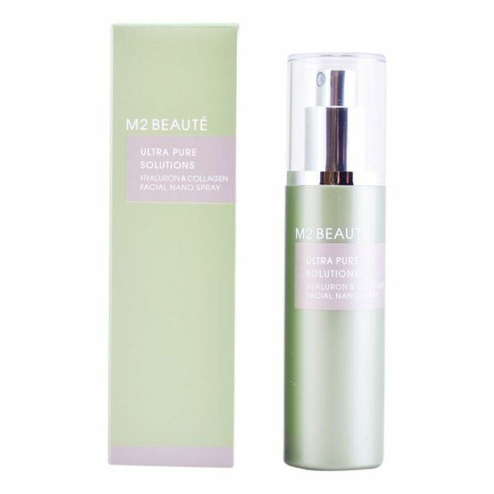 Flacone verde con vaporizzatore e scatola. Scritta: M2 Beauté, Ultra Pure Solutions, Hyaluron & Collagen Facial Nano Spray.