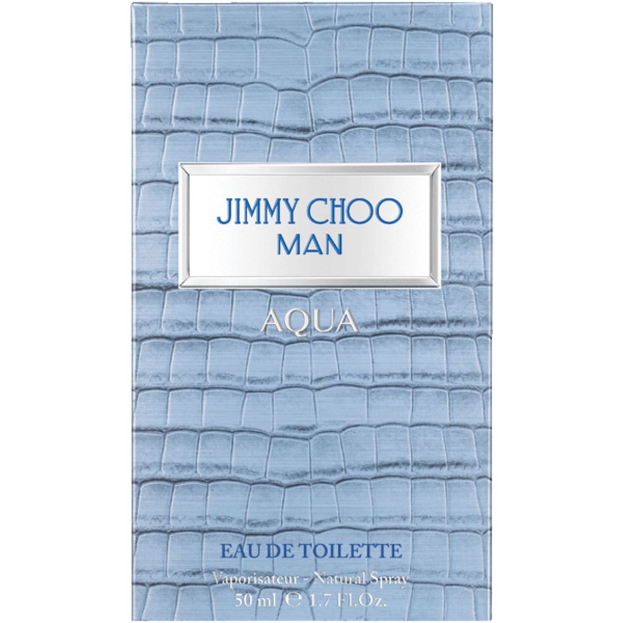 Confezione azzurra chiara goffrata. Scritta: JIMMY CHOO MAN AQUA. Testo: Eau de Toilette, 50 ml.