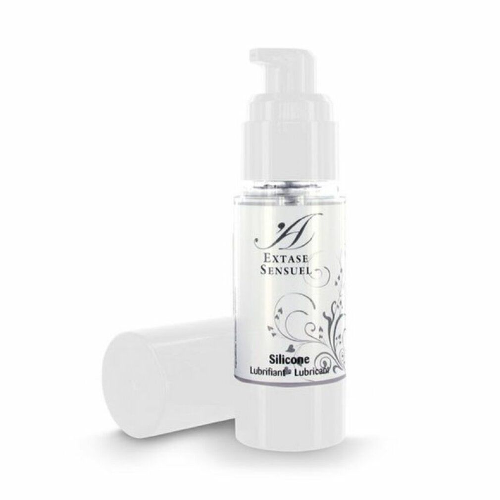 Flacone di gel lubrificante al silicone con erogatore bianco e tappo separato. Scritta: Extase Sensuel, Silicone, Lubricant.