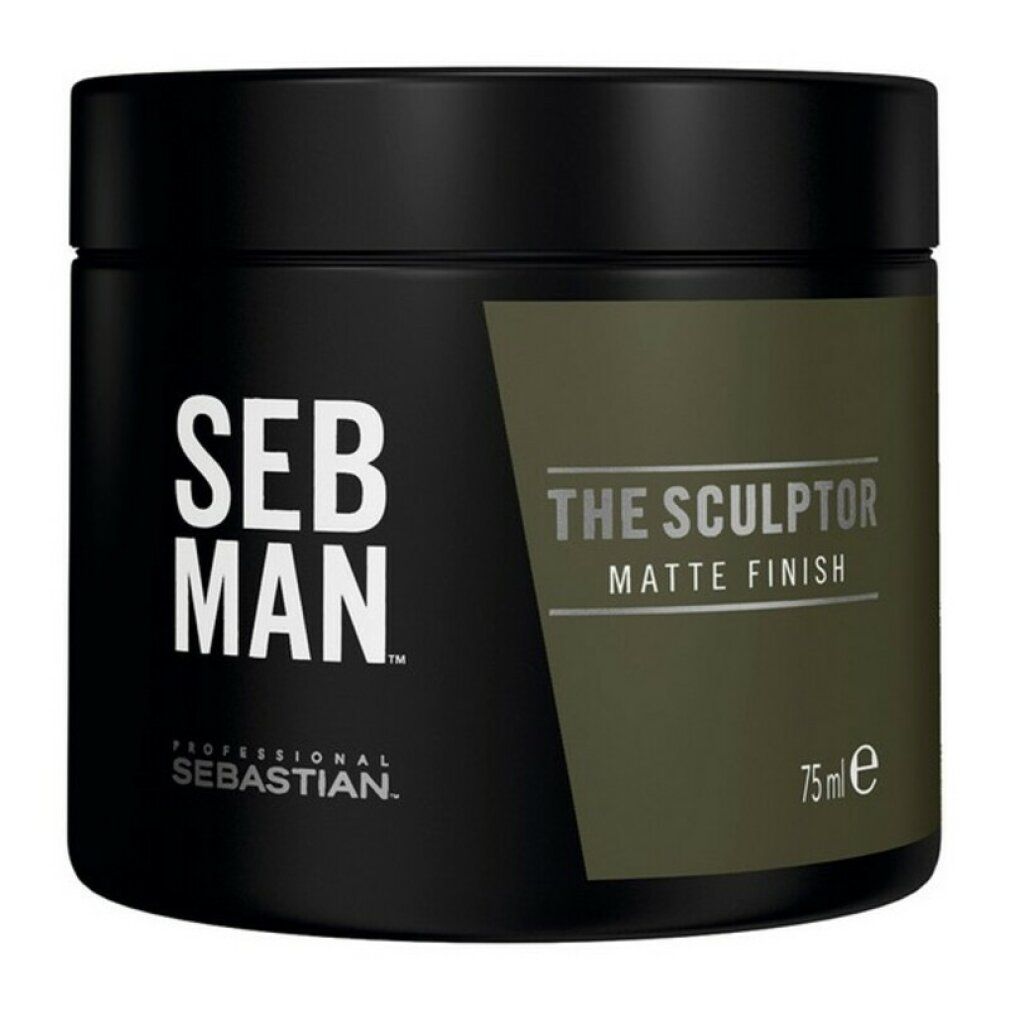 Barattolo nero con coperchio. Scritta: SEB MAN, THE SCULPTOR, MATTE FINISH. Volume: 75 ml. Marchio: Sebastian.