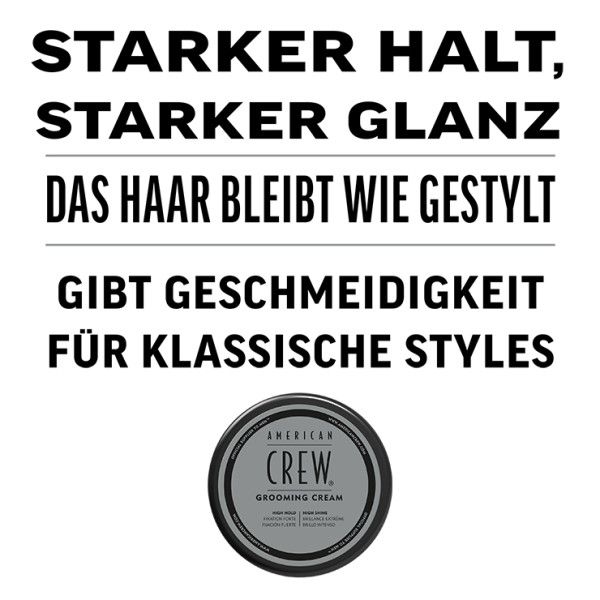 Barattolo "AMERICAN CREW GROOMING CREAM". Testo: "TENUTA FORTE, LUCENTEZZA FORTE, I CAPELLI RIMANGONO STILIZZATI, DÀ MORBIDEZZA PER STILI CLASSICI".