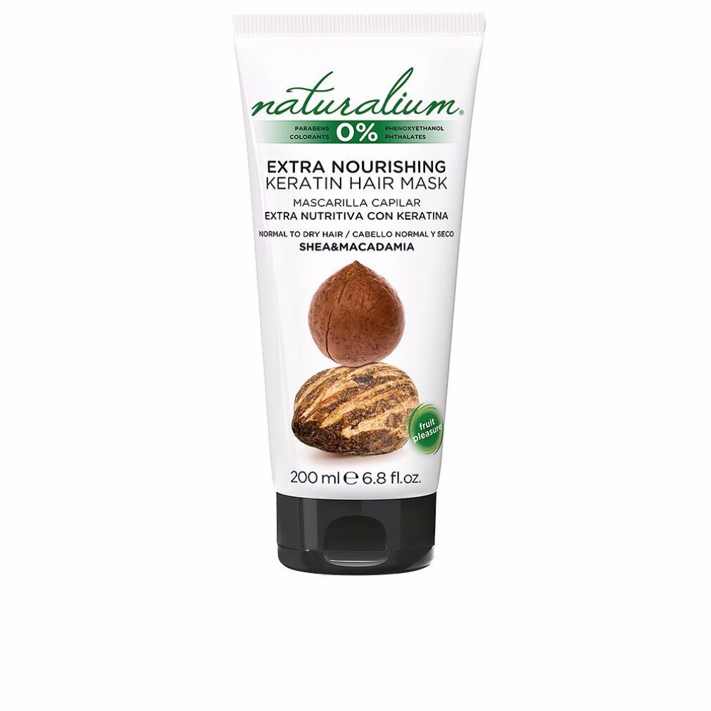 Tubo di maschera per capelli. Scritta: Naturalium, cheratina. Illustrazione di noci. Testo: Extra nutriente, 200 ml.