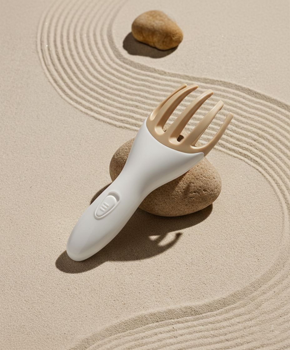 Massaggiatore elettronico per cuoio capelluto con manico bianco e denti beige, appoggiato su una pietra.