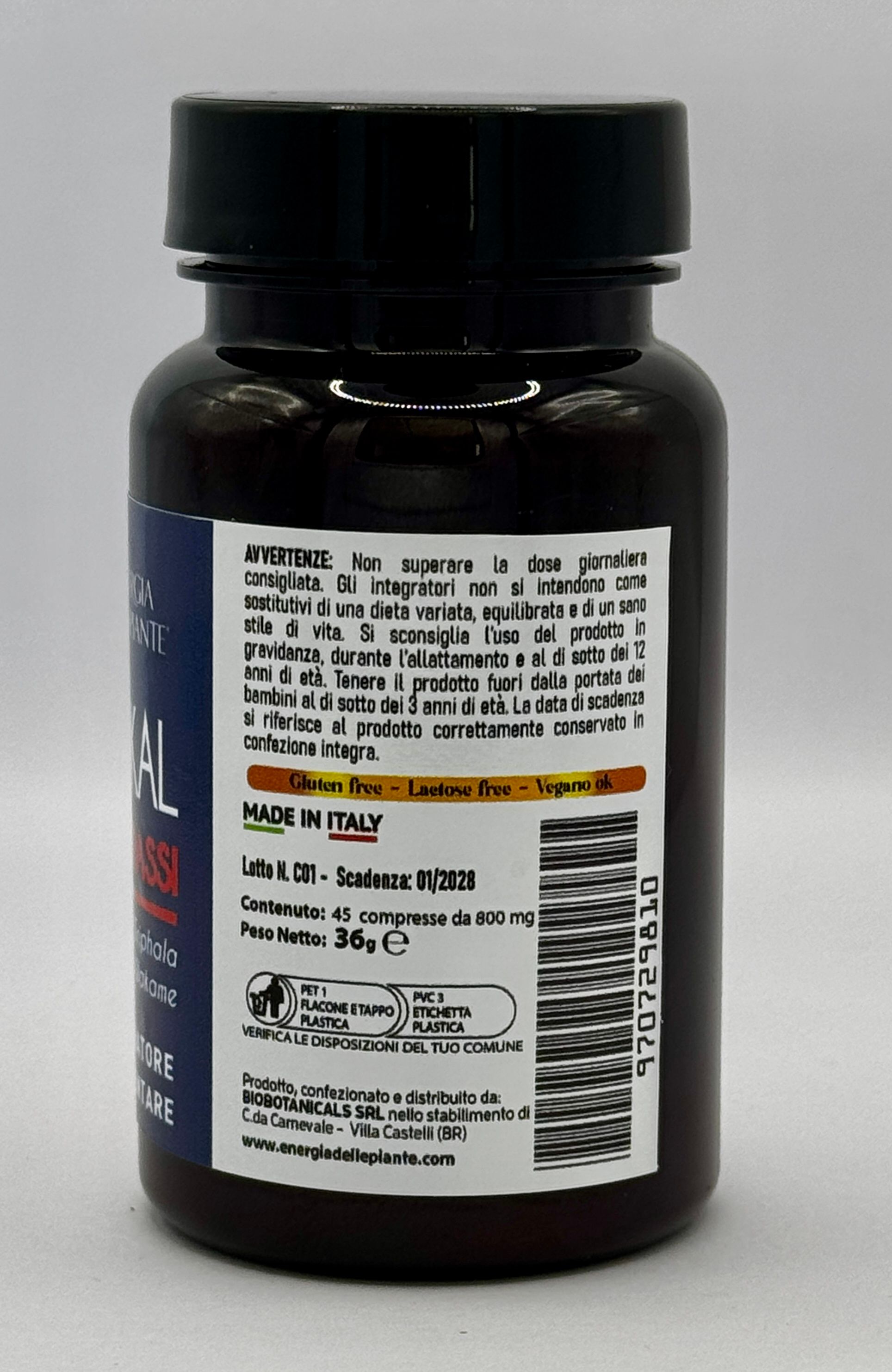 Flacone marrone di compresse con tappo nero. Retro con etichetta. Testo: Senza glutine, senza lattosio, Vegan ok. Ingredienti e informazioni produttore.