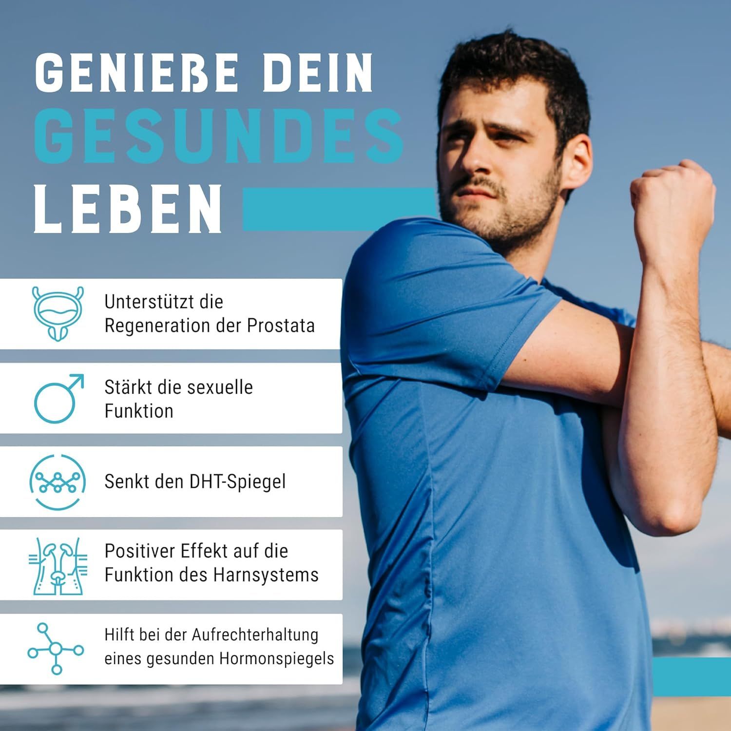 Uomo in maglietta blu che si allunga. Testo: Supporta la rigenerazione della prostata, rafforza la funzione sessuale, abbassa il livello di DHT.