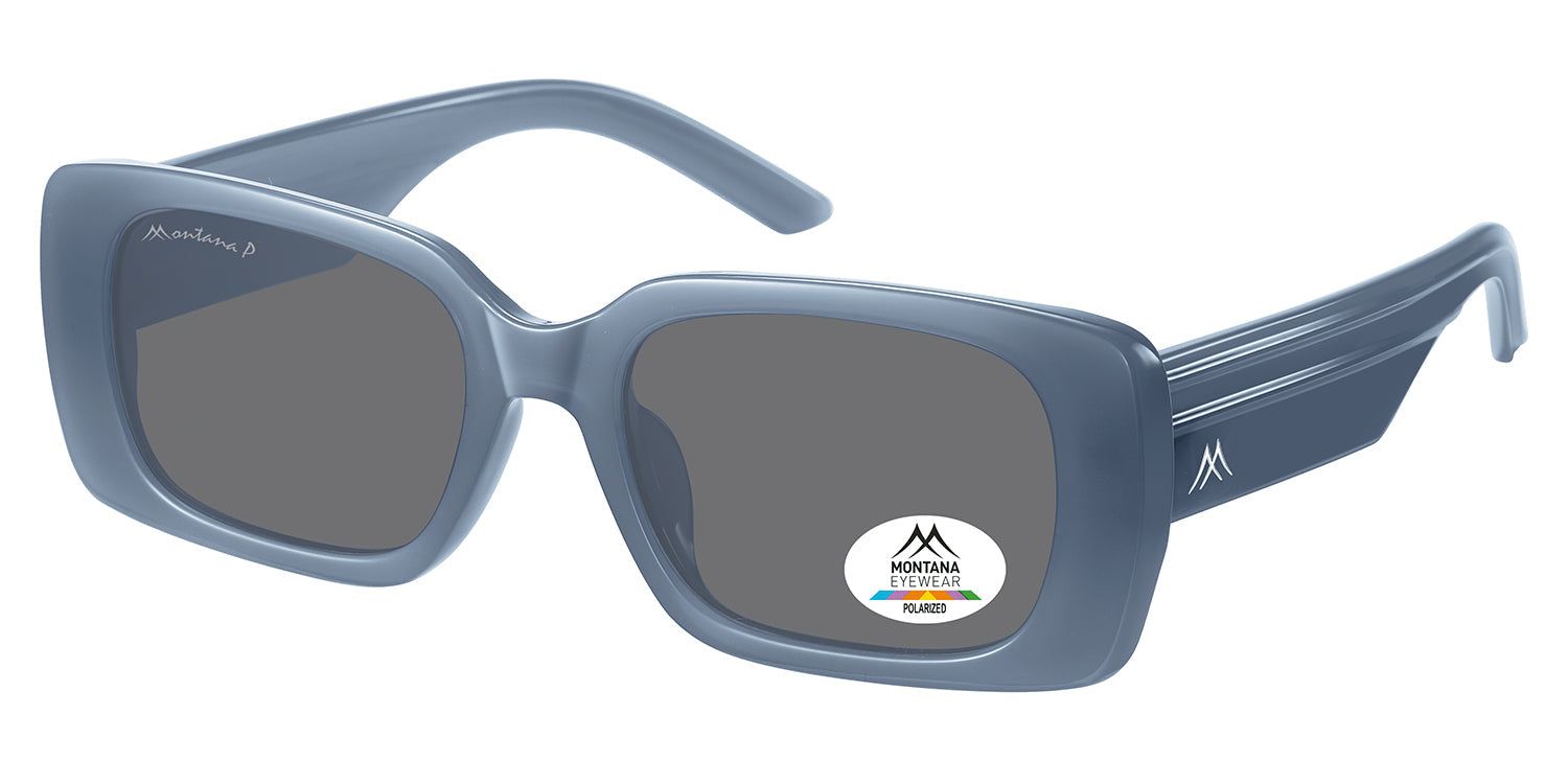 Occhiali da sole blu con lenti rettangolari. Logo Montana Eyewear ed etichetta polarizzata. Aste con logo.