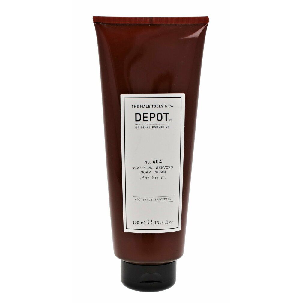 Tubo marrone con tappo nero. Etichetta bianca con testo: DEPOT, No. 404 Soothing Shaving Soap Cream. Volume: 400 ml.
