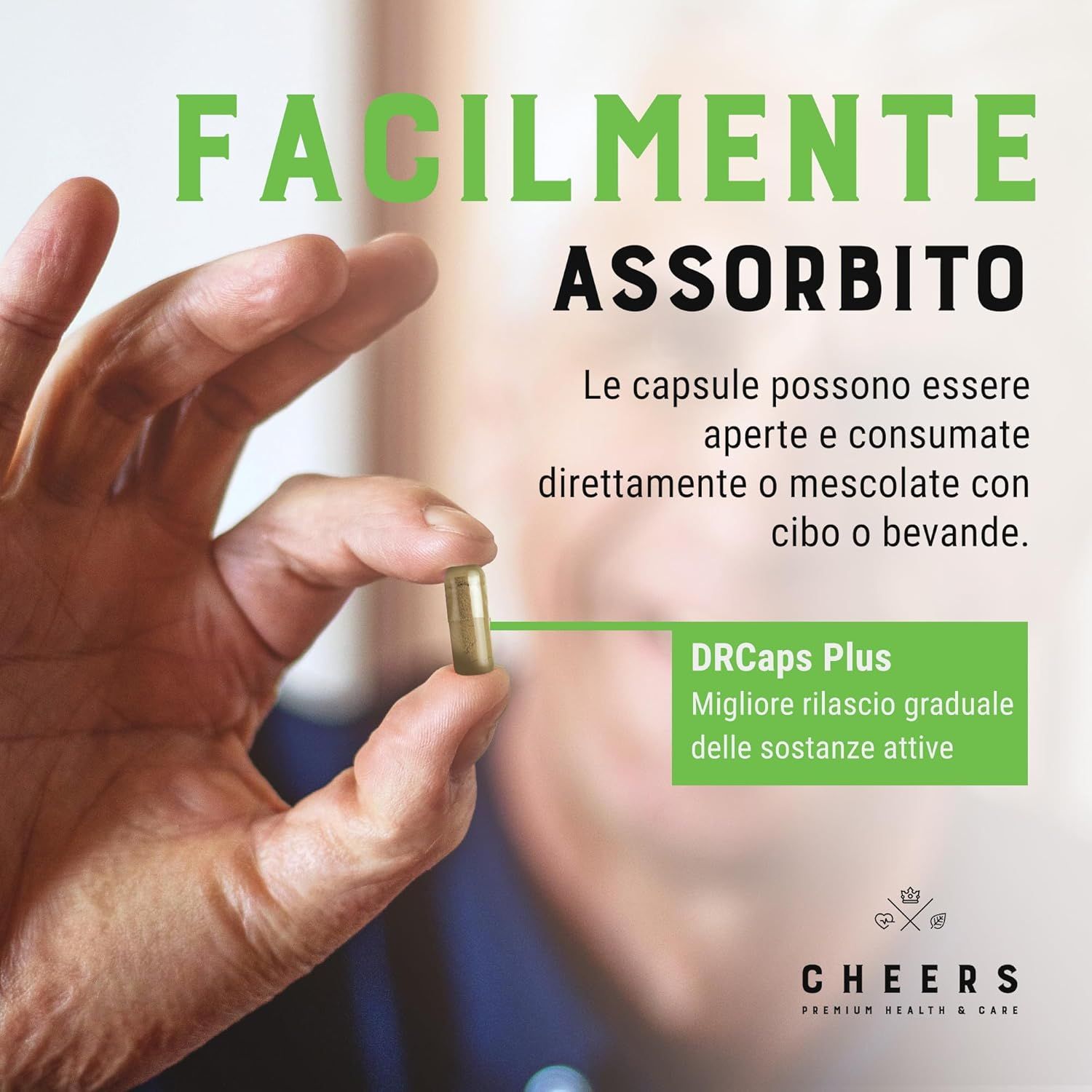 Mano tiene capsula. Testo: Capsule possono essere aperte e miscelate. DRCaps Plus. Logo CHEERS.