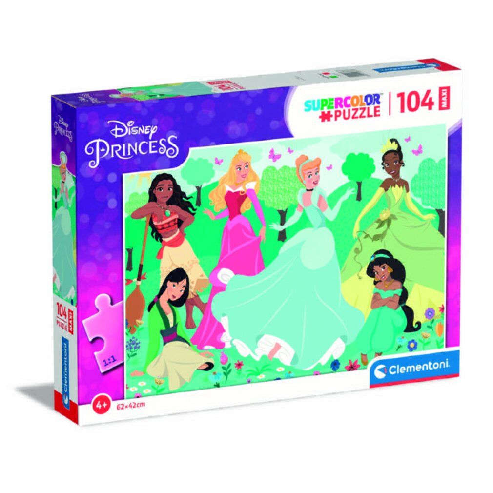 Clementoni Puzzle Disney Princess, 104 pezzi. Confezione con motivo puzzle. Età consigliata: 4+. Dimensioni: 62x42cm.