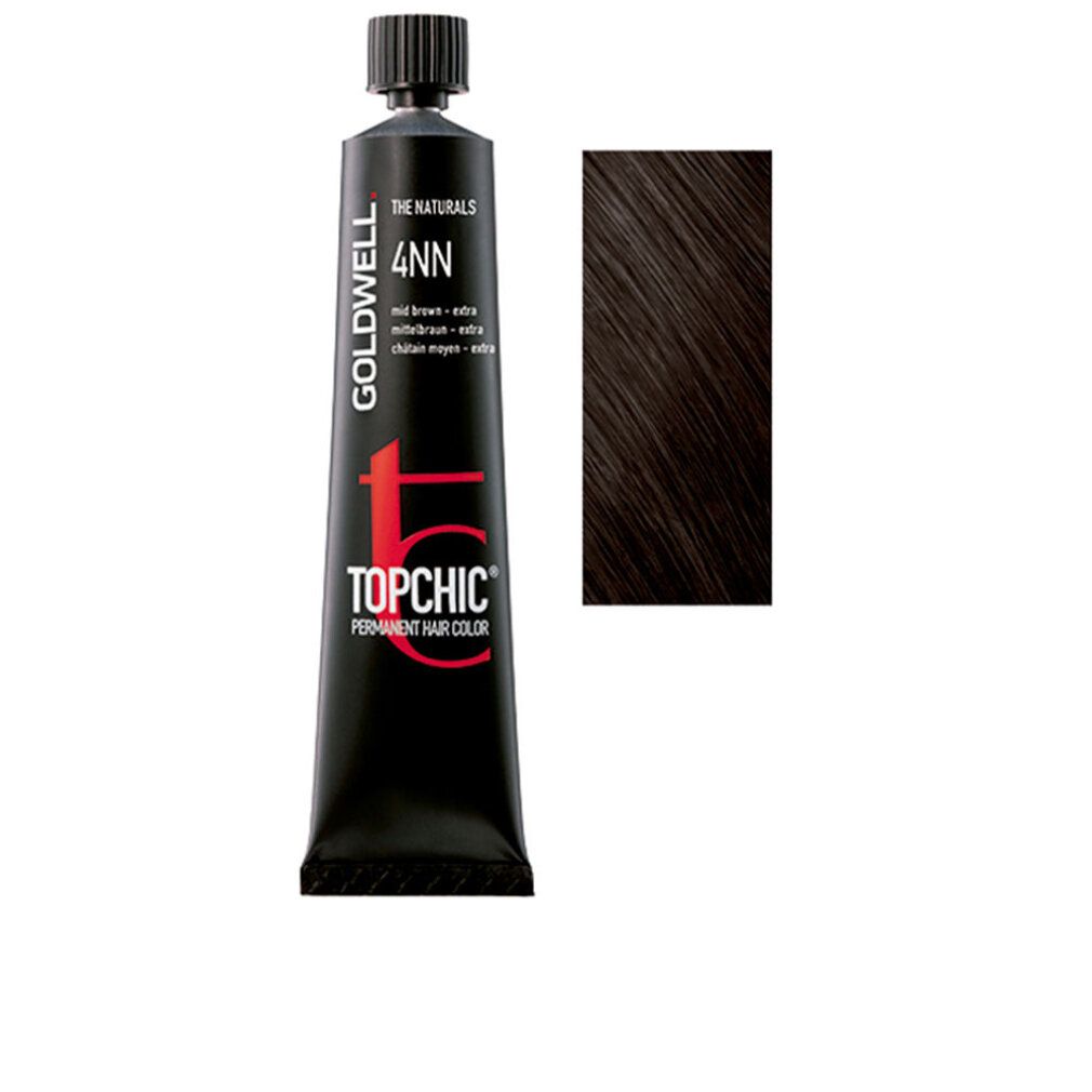Goldwell Topchic 4NN castano medio extra. Tubo nero con campione colore. Testo: The Naturals, Permanent Hair Color.