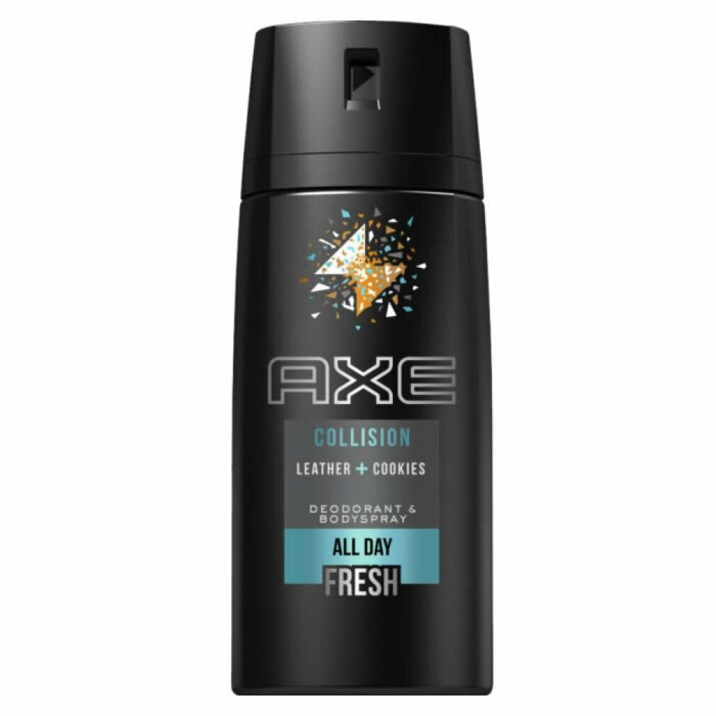 Bomboletta spray deodorante nera. "AXE Kollision" con "Leather + Cookies" e testo "All Day Fresh". Accenti turchini.