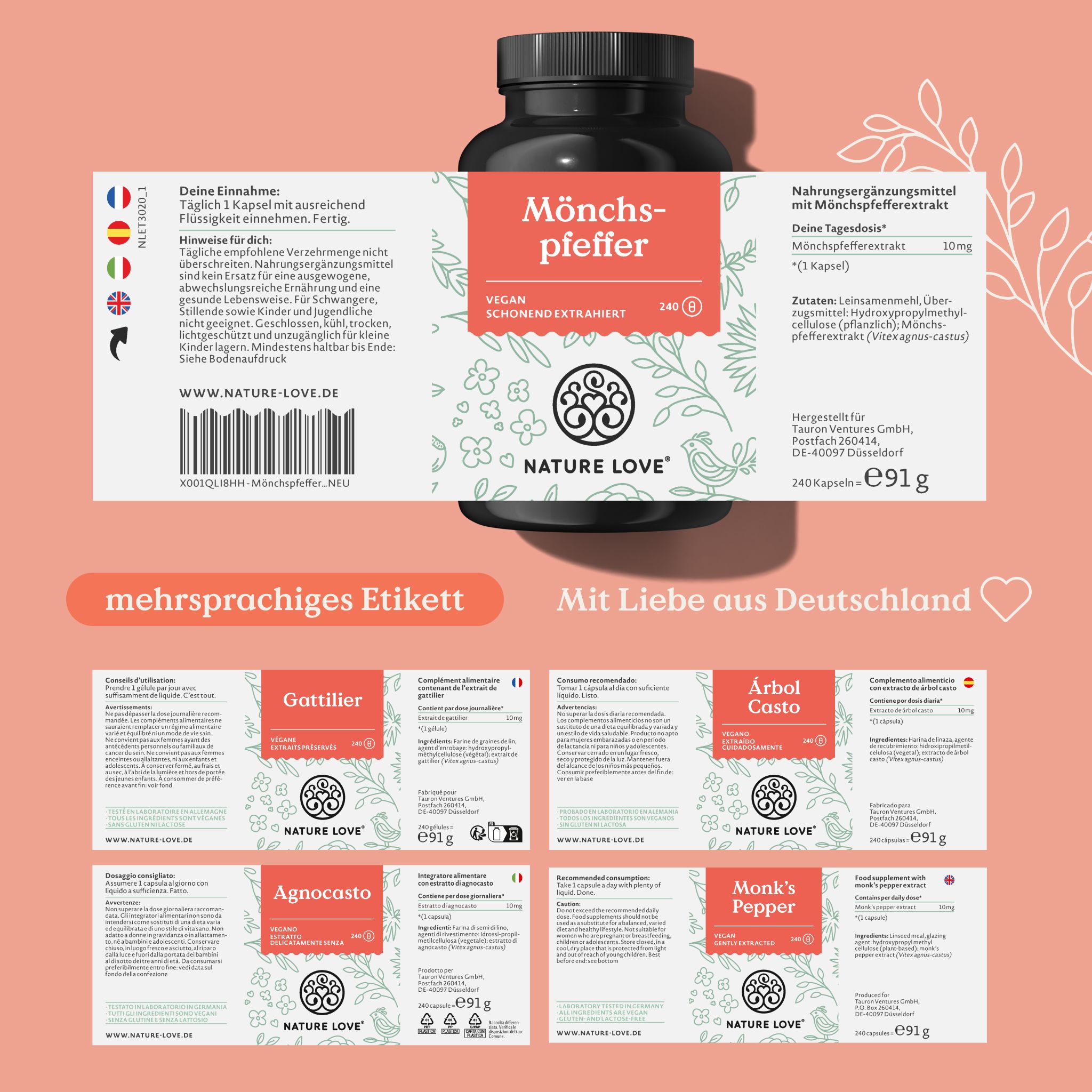 Flacone marrone con etichetta rossa. Scritta: Mönchspfeffer, Vegan, 240 capsule. Logo: NATURE LOVE®. Etichetta multilingue.