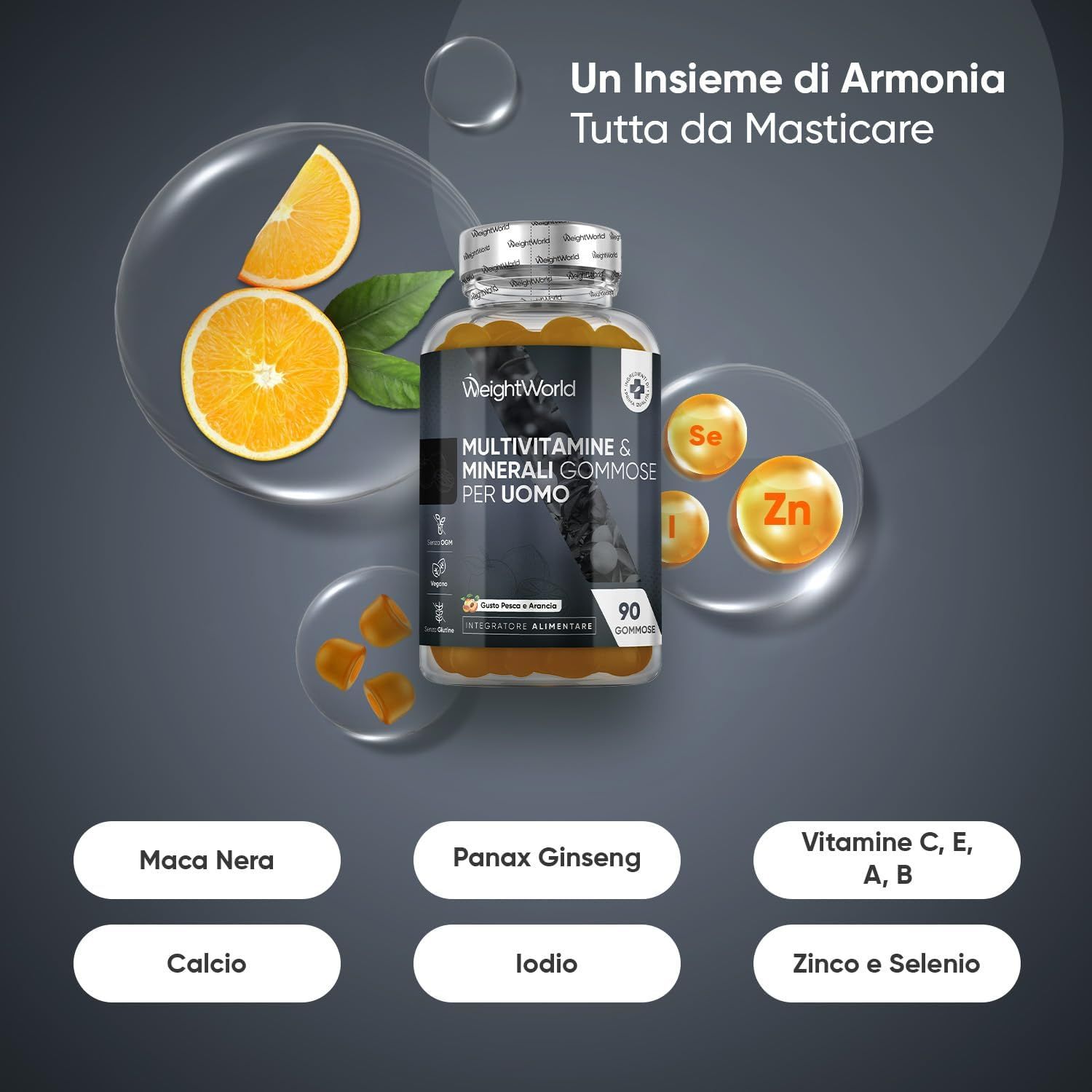 WeightWorld Multivitamin Gummies per uomini. Con arancia e foglie. Contiene zinco, selenio, vitamina C, B12. 90 caramelle gommose.