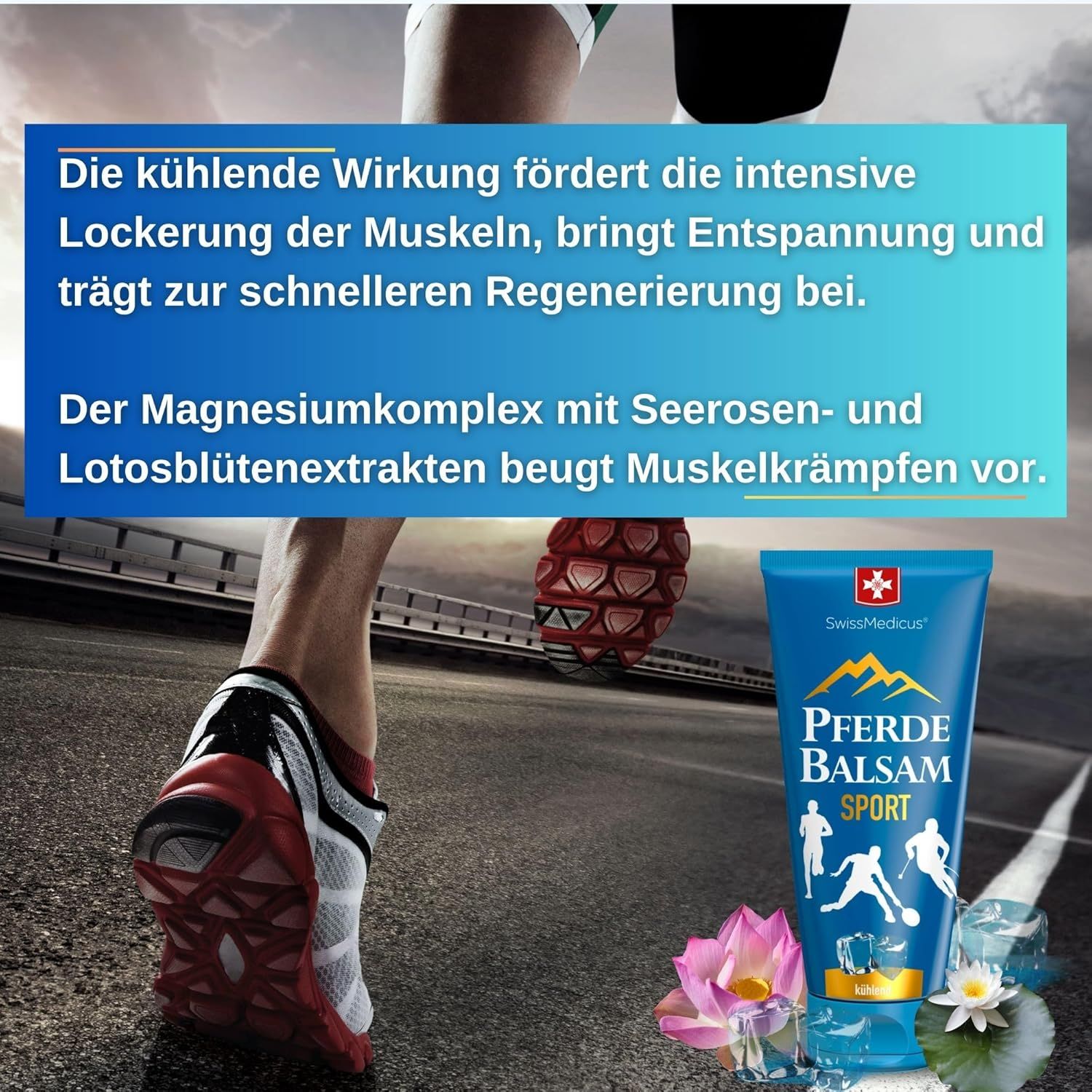 Tubo blu "Pferde Balsam Sport". Logo SwissMedicus. Corridore. Fiore di loto. Testo: Effetto rinfrescante, rilassamento muscolare.