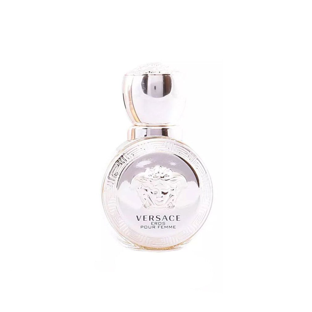 Flacone rotondo con tappo argentato. Scritta: VERSACE EROS POUR FEMME. Design argentato con logo Medusa.
