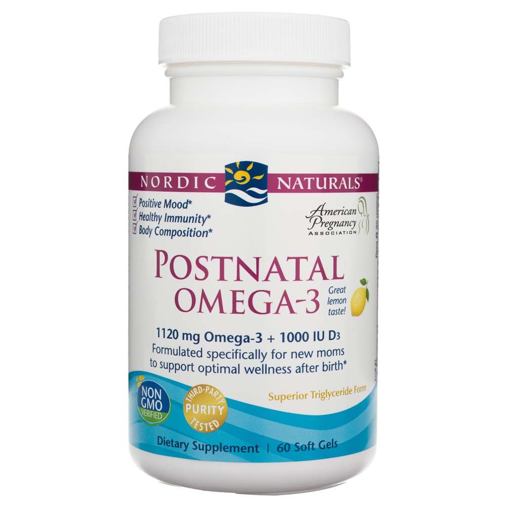 Flacone Nordic Naturals Postnatal Omega-3: 60 softgel, con vitamina D3, Non-OGM, purezza testata.