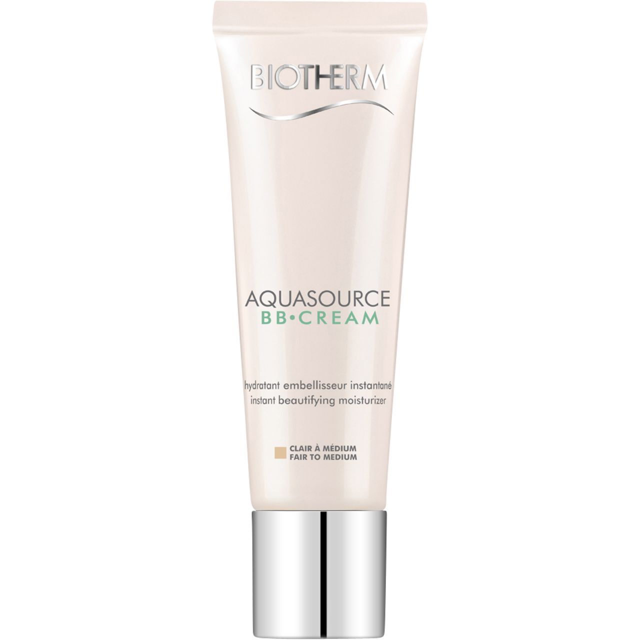 Tubo di BIOTHERM AQUASOURCE BB CREAM. Tonalità Fair to Medium. Tappo argentato. Nome del prodotto e logo visibili.