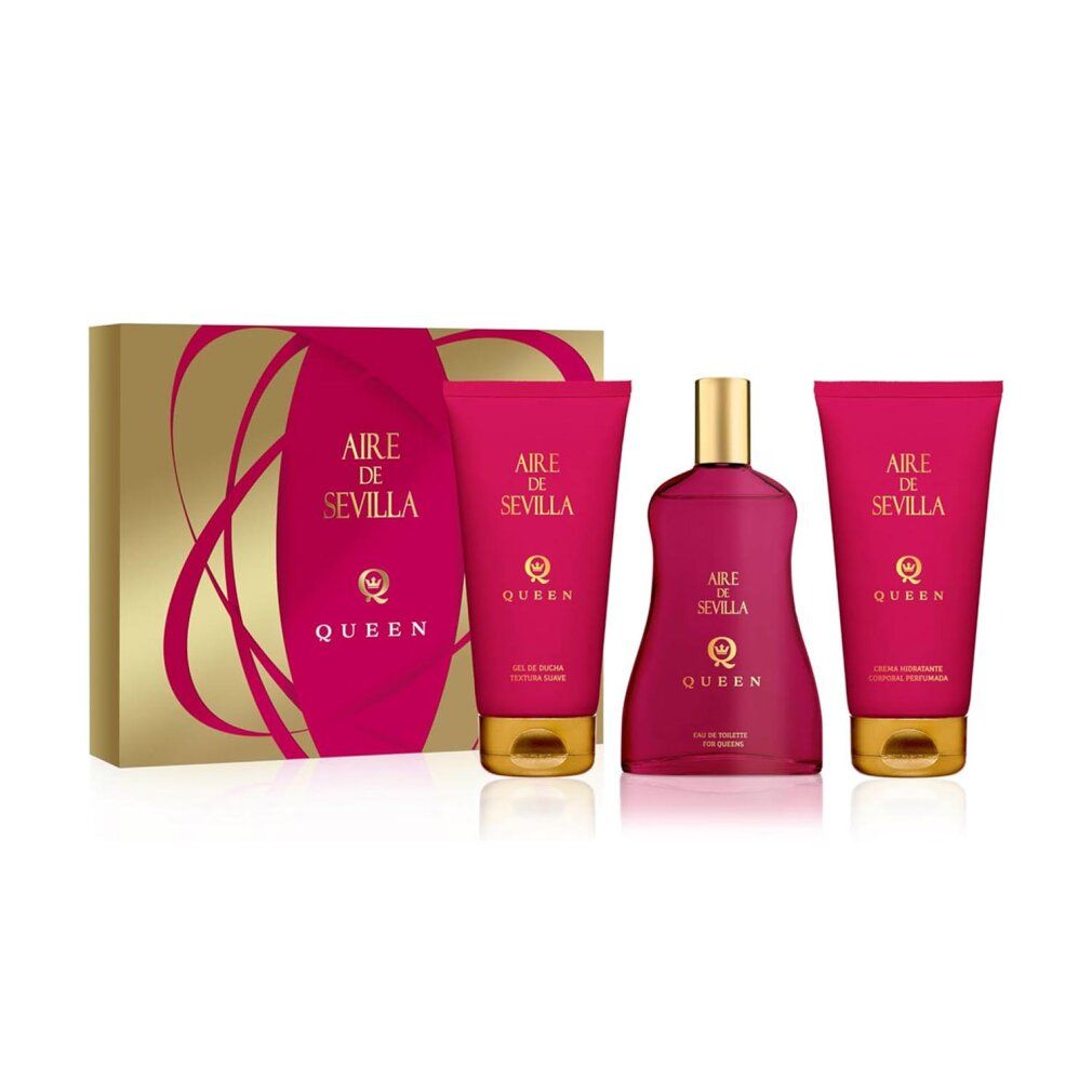 Set regalo con tre prodotti e una scatola. Tubi e flacone rosa con dettagli dorati. Scritta: Aire de Sevilla Queen.