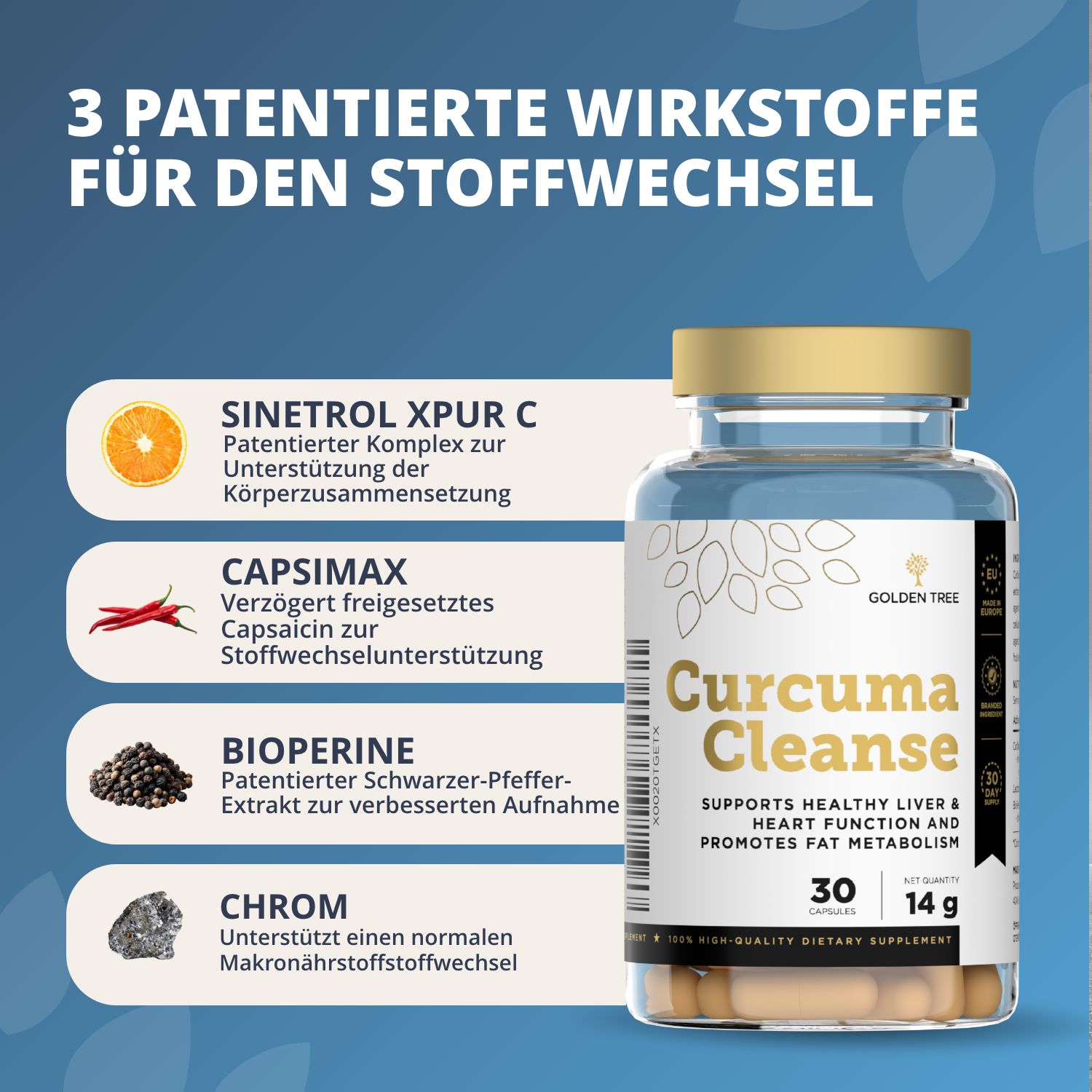 Flacone di capsule Curcuma Cleanse, accanto a una fetta d'arancia e testo sugli ingredienti.