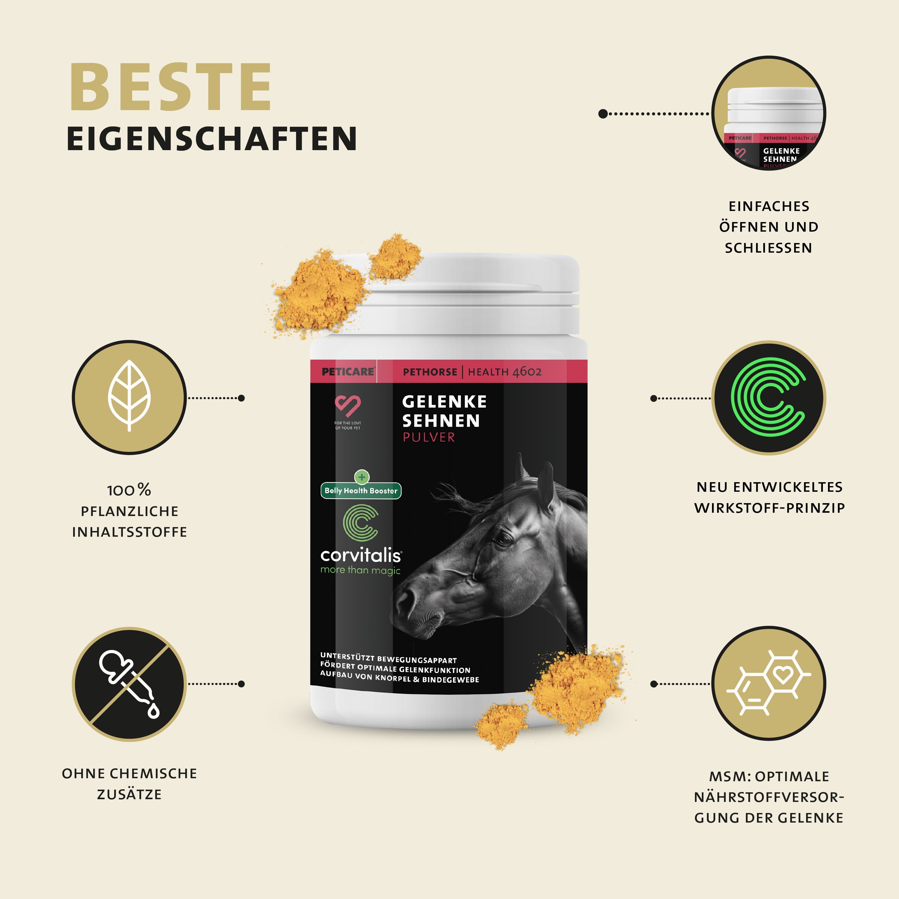 Peticare Gelenke Sehnen Pulver barattolo, 100% ingredienti vegetali, senza additivi.