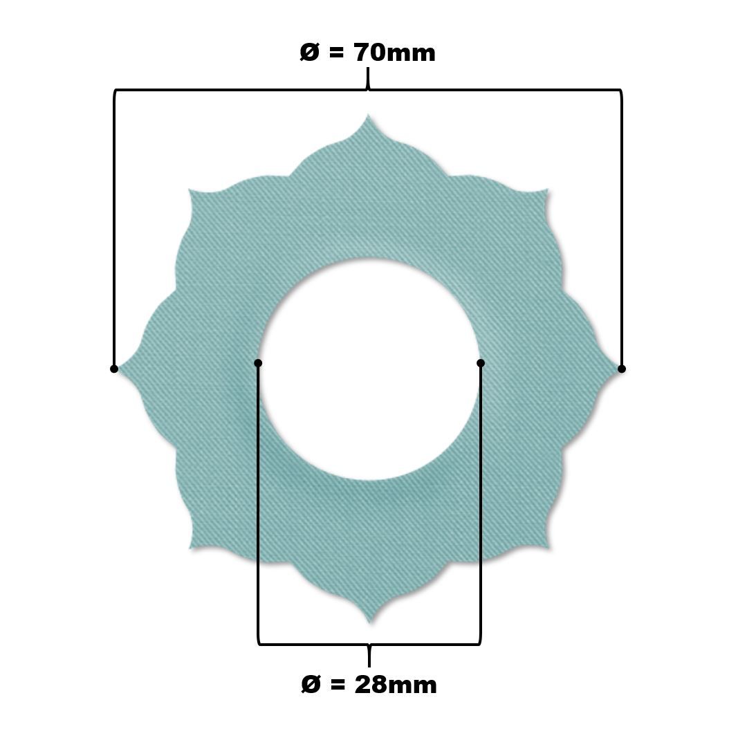 Anello di fissaggio a forma di fiore, azzurro, foro centrale. Diametro 70mm, foro 28mm. Tessuto.
