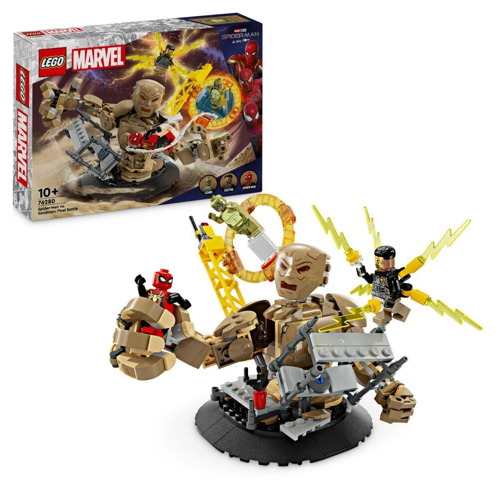 Set LEGO Marvel con personaggio di Uomo Sabbia, Spider-Man ed Electro. Personaggi su una base. Confezione sullo sfondo.