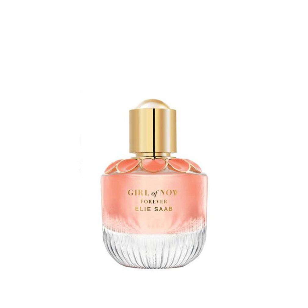 Flacone di profumo con liquido rosa, tappo dorato e design floreale. Scritta: Girl of Now Forever, Elie Saab.