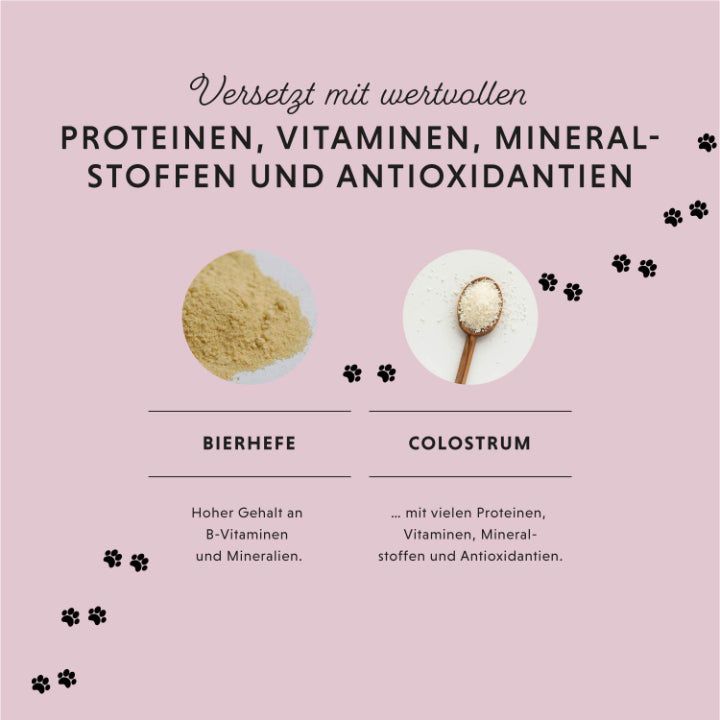 Sfondo rosa con due cerchi. Immagini di lievito di birra e colostro. Testo: Proteine, vitamine, minerali e antiossidanti.