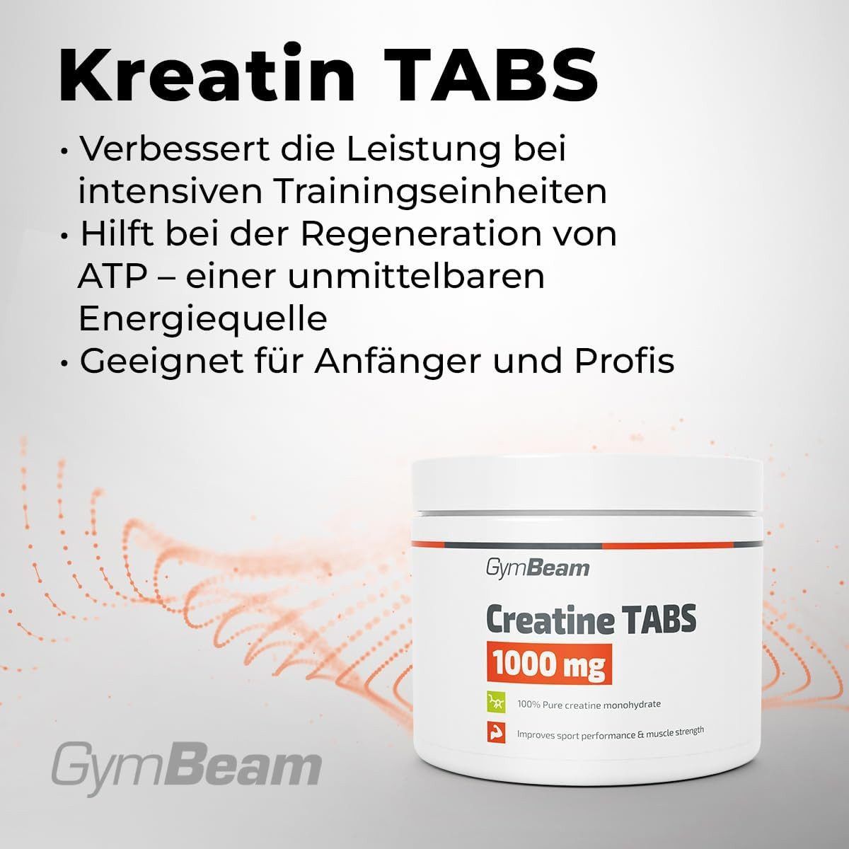 Barattolo di Creatine TABS 1000 mg di GymBeam, con testo sull'aumento delle prestazioni e il recupero.