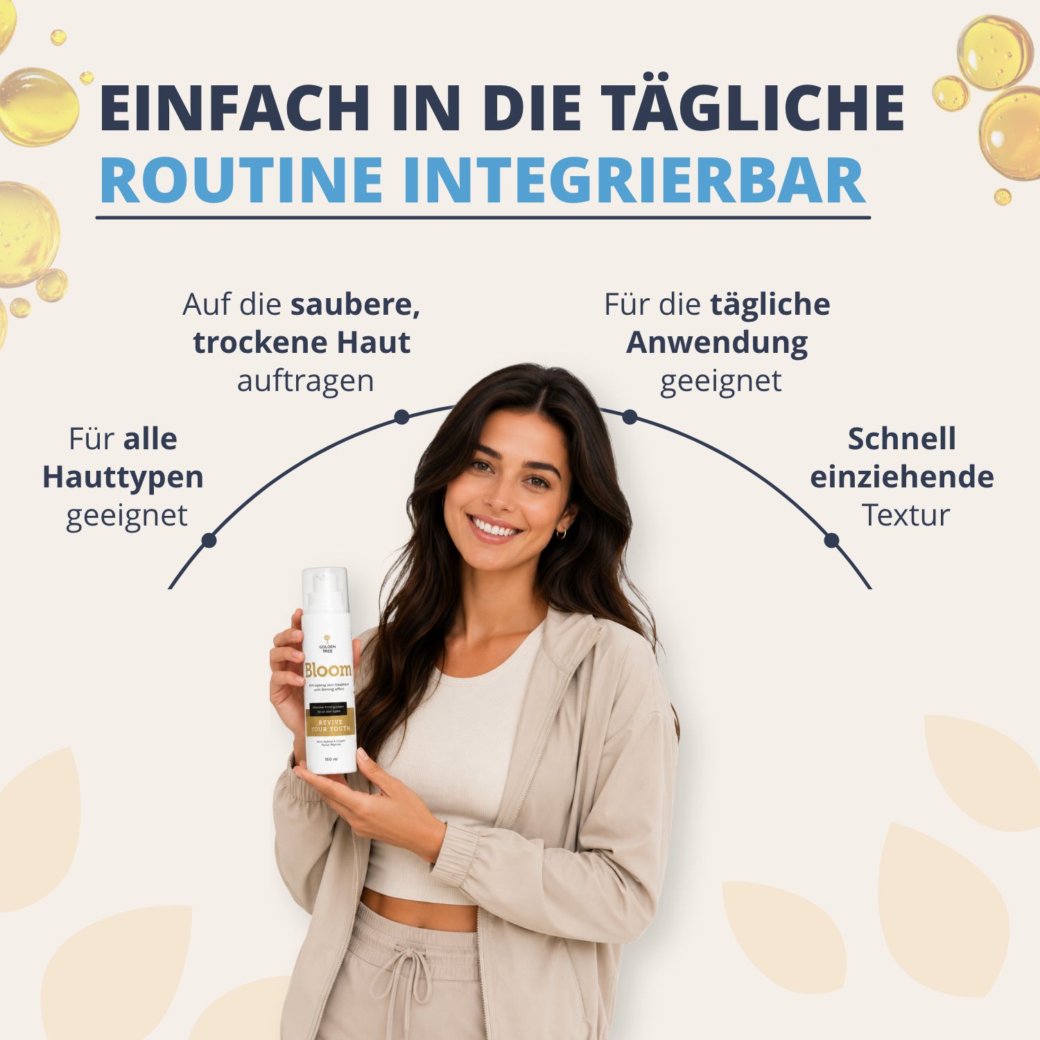 Una donna tiene la crema Golden Tree Bloom. Testo sull'integrazione facile nella routine quotidiana per tutti i tipi di pelle.